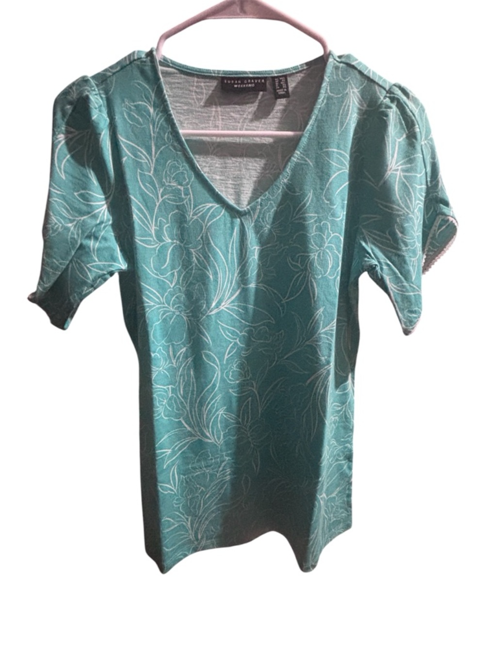 Susan Graver Teal Floral V-Neck Short Sleeve Top
